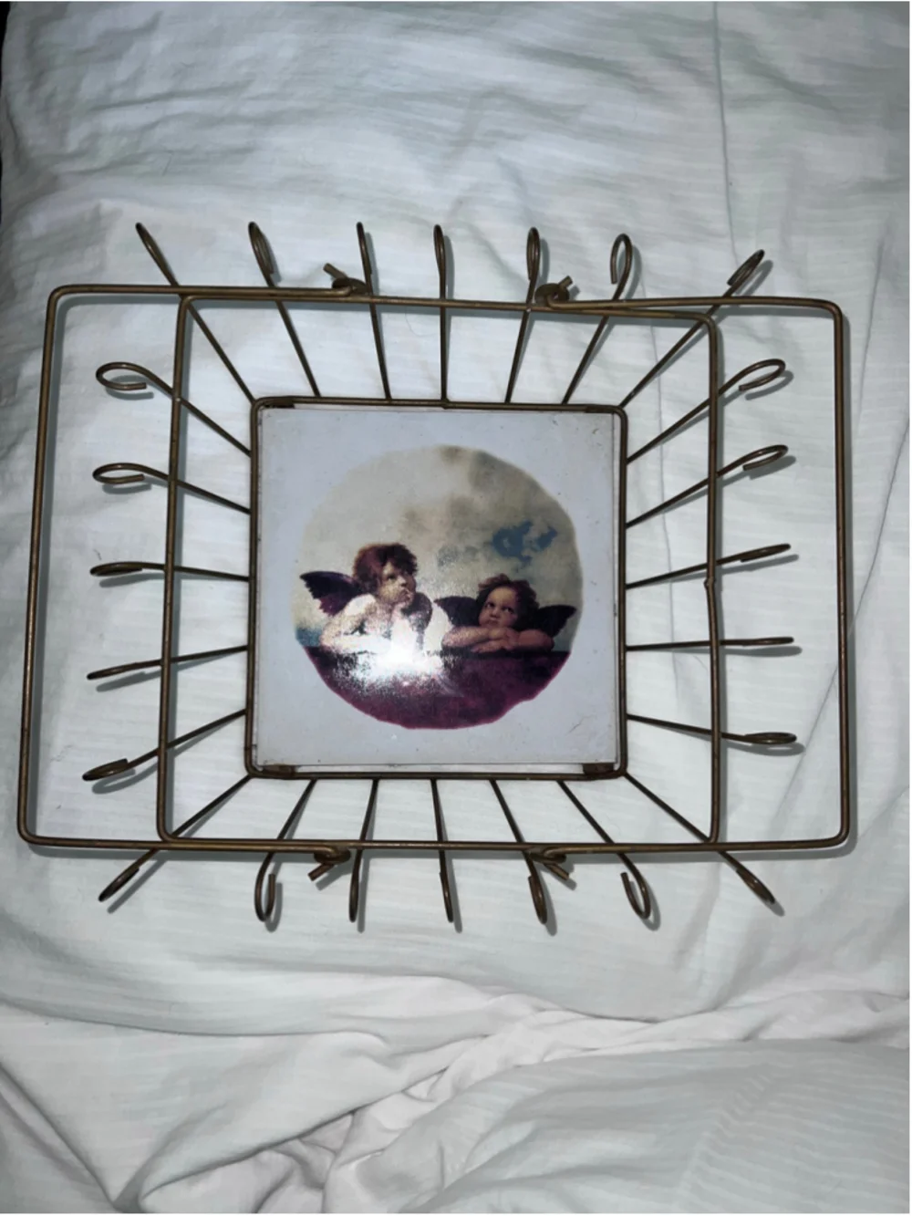 VTG 90s Angel Cherub Wire Basket Gold and White